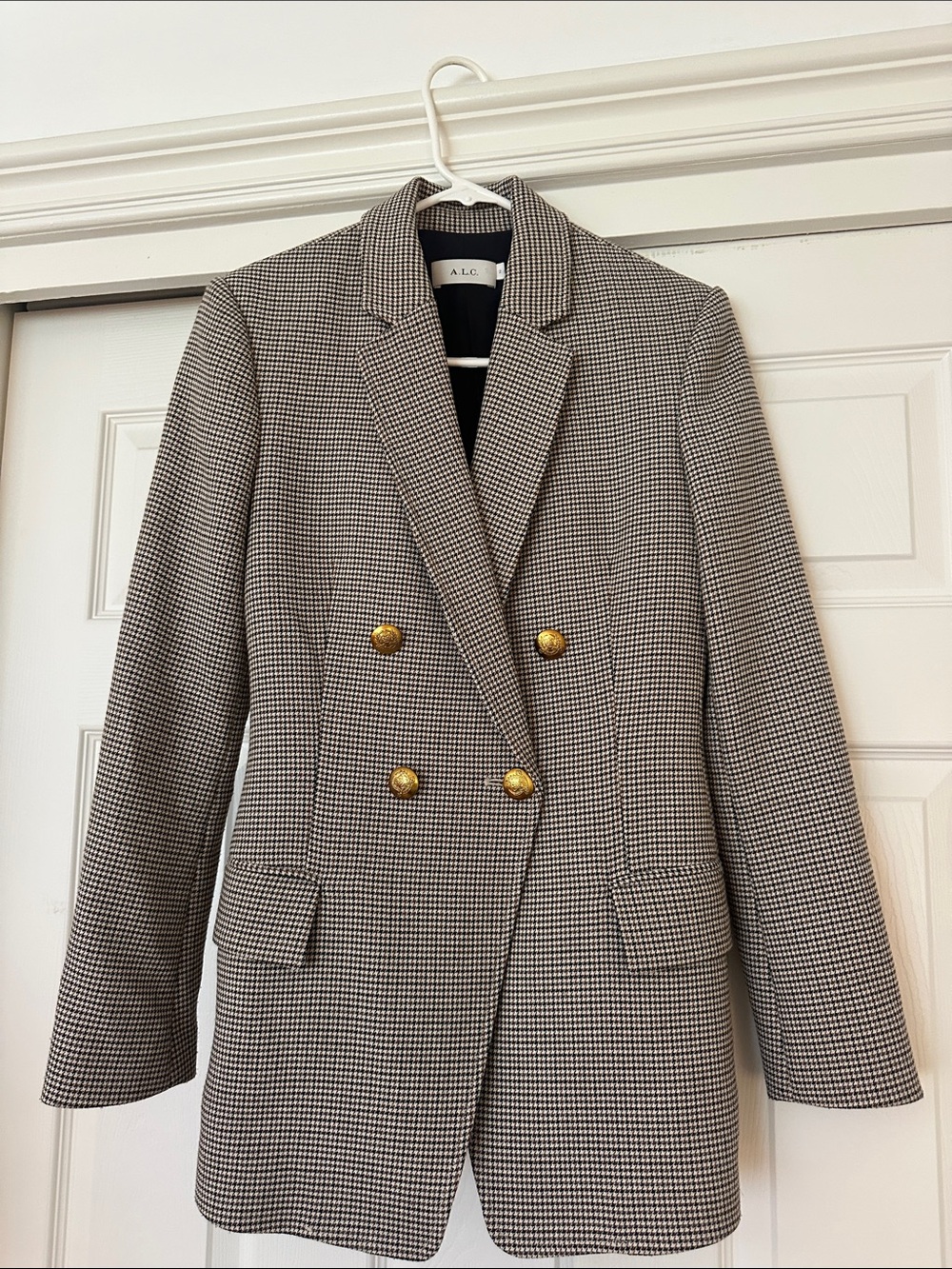 A.L.C. Black & White Houndstooth Double-Breasted Blazer with Gold Buttons